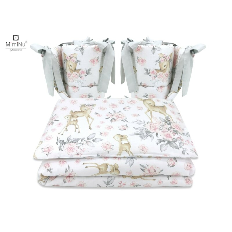 Lenjerie patut cu 4 piese, Cu doua protectii laterale, Sweet Deer Pink, Din bumbac, Pentru patut 120x60 cm, MimiNu