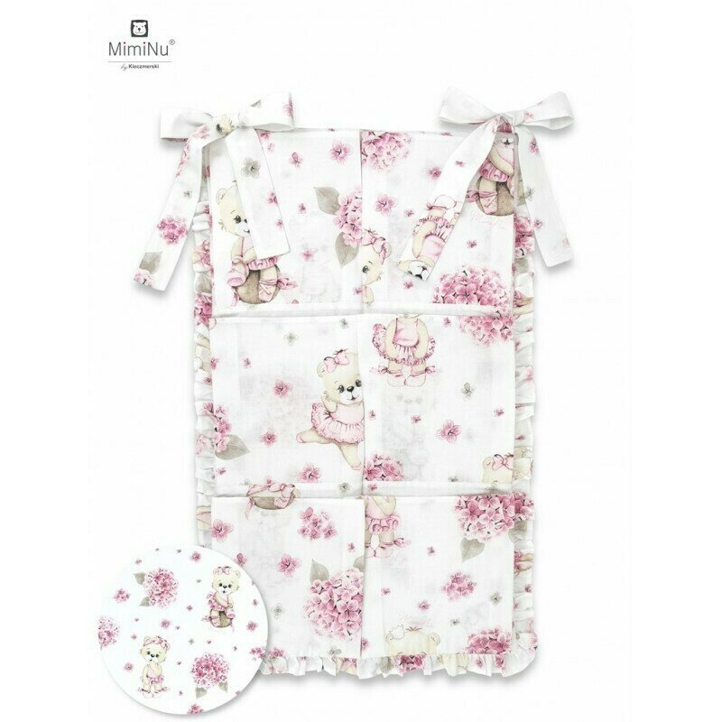 MimiNu - Organizator pentru patut, Din bumbac, Cu 6 compartimente, Cu doua panglici, 70x40 cm, Cu volanase, Design, Pink Ballerina
