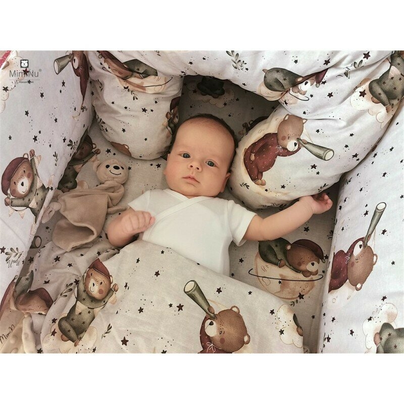 MimiNu - Paturica de infasat cu doua fete, Cu multiple utilizari, Cu inchidere arici velcro, Dimensiune 75x75 cm, Din bumbac certificat Oeko Tex Standard 100, Teddy Bear On Moon