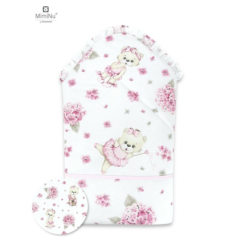 MimiNu - Paturica de infasat multifunctionala standard cu volan, 75x75 cm, Din bumbac, Design, Pink Balerina
