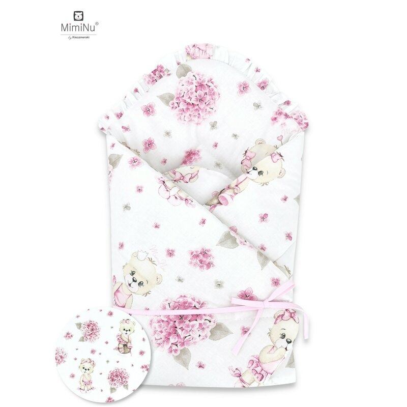 MimiNu - Paturica de infasat multifunctionala standard cu volan, 75x75 cm, Din bumbac, Design, Pink Balerina