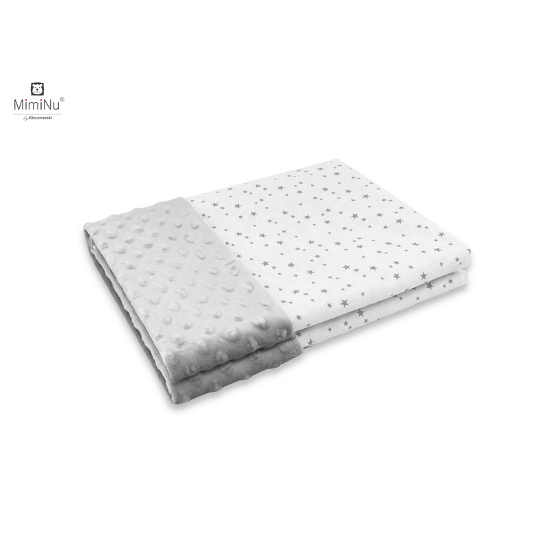 MimiNu - Paturica pufoasa cu doua fete, Dimensiune 75x100 cm, Din tesatura minky si bumbac, Materiale certificate Oeko Tex Standard 100, Mini Gray Stars