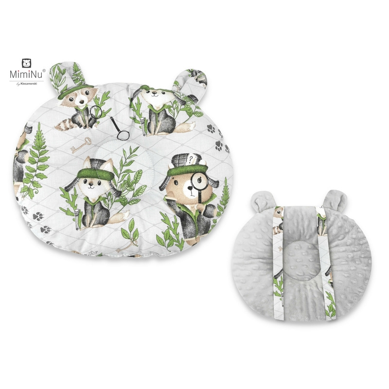 MimiNu - Perna bebelusi Ursulet, Multifunctionala, Cu doua fete, Tesatura pufoasa minky si bumbac, Materiale certificate Oeko Tex Standard 100, Design, Minky Detective Natural