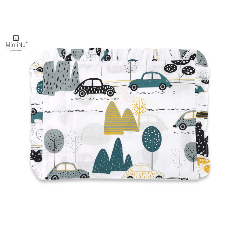 MimiNu - Perna clasica de dormit, Cu volanas, Cu husa detasabila cu fermoar, Din bumbac certificat Oeko Tex Standard 100, Pentru patut, carucior, balansoar, 30x40 cm, Childrens Journey Grey