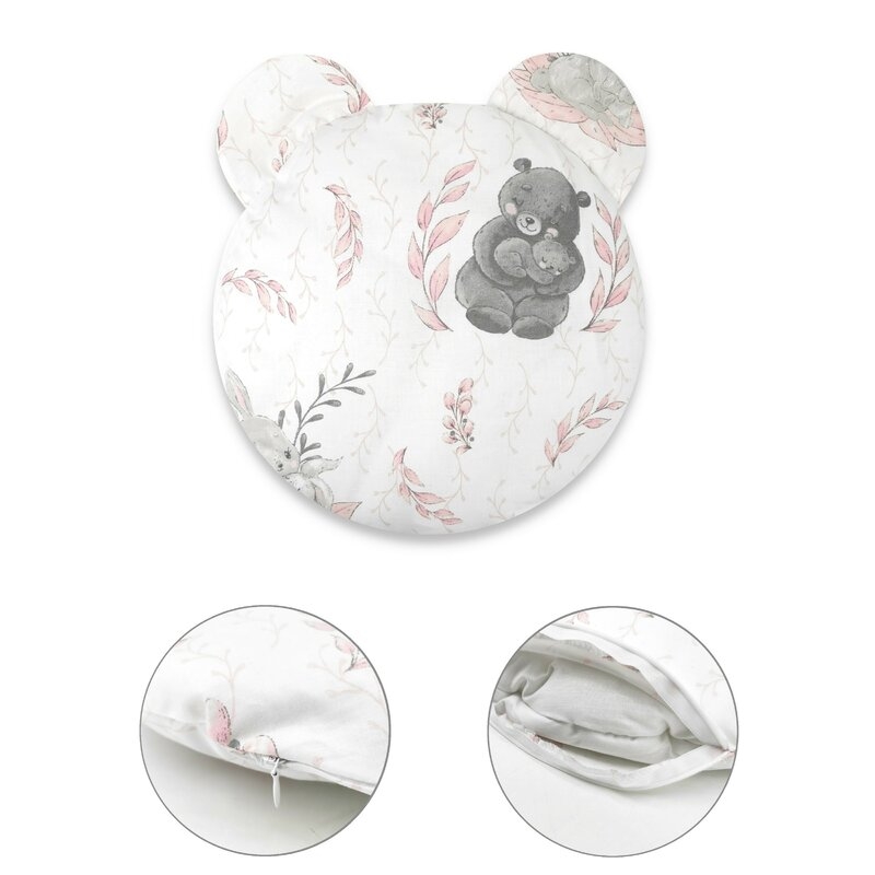 MimiNu - Perna ergonomica Ursulet, Cu doua urechi, Cu husa detasabila cu fermoar, Materiale certificate Oeko Tex Standard 100, Pentru patut, carucior, scoica/scaun auto, Lulu Rose