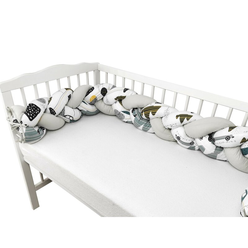 MimiNu - Protectie laterala pentru patut bebe, Tip Bumper impletit, Din bumbac, Din materiale certificate Oeko Tex Standard 100, Lungime 220 cm, Childrens Journey Grey 