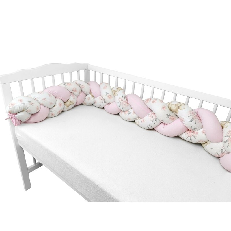 MimiNu - Protectie laterala pentru patut bebe, Tip Bumper impletit, Din bumbac, Din materiale certificate Oeko Tex Standard 100, Lungime 220 cm, Sweet Deer Pink