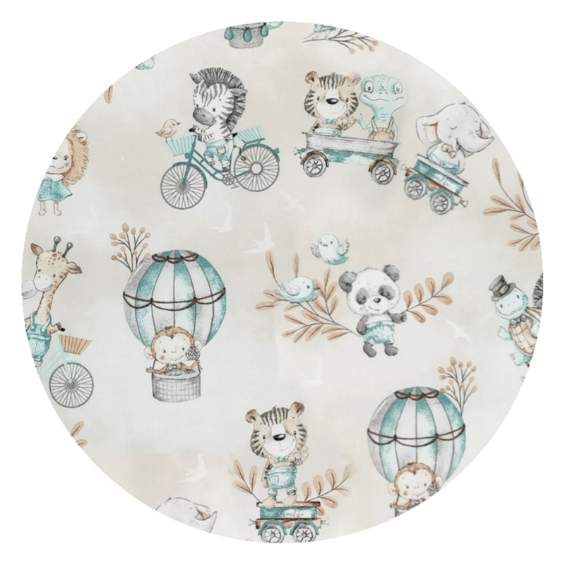 MimiNu - Set 3 cosuri rotunde cu dimensiuni generoase pentru depozitare jucarii, Cu volanase, Dimensiuni 50x35 cm, 35x30 cm, 19x23 cm, Din bumbac certificat Oeko Tex Standard 100, Design, Zoo on Bikes Nugat