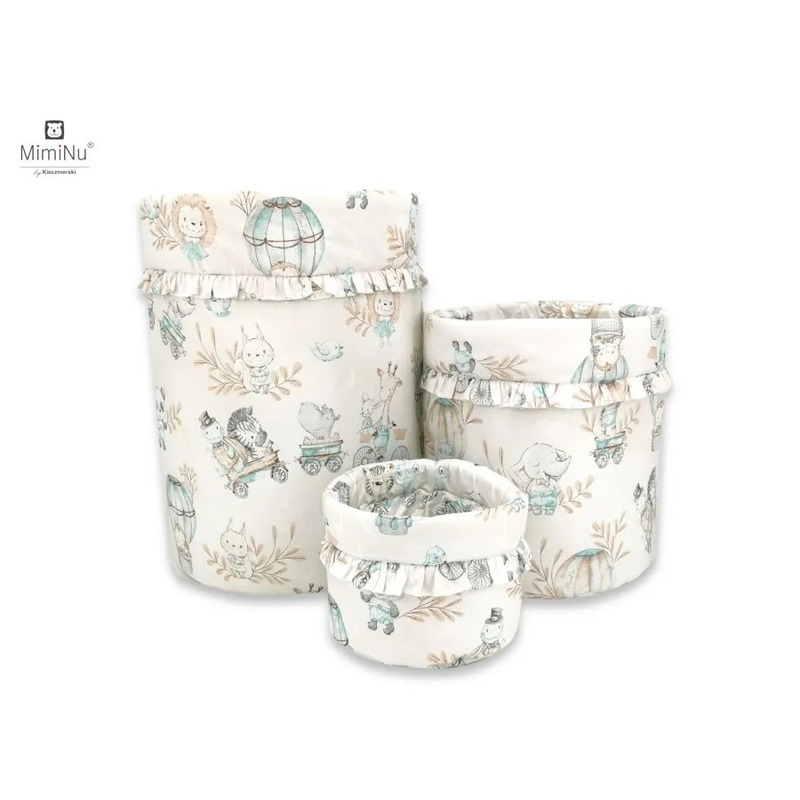 MimiNu - Set 3 cosuri rotunde cu dimensiuni generoase pentru depozitare jucarii, Cu volanase, Dimensiuni 50x35 cm, 35x30 cm, 19x23 cm, Din bumbac certificat Oeko Tex Standard 100, Design, Zoo on Bikes Nugat