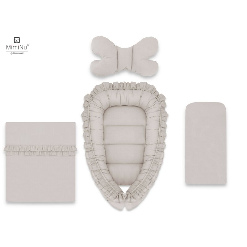 MimiNu - Set 4 in 1 Cosulet bebelus Baby Cocoon 90x50 cm, Cu volanase, Husa 100% bumbac, Cu paturica cu volanase 50x70 cm, Cu salteluta 60x32 cm, Cu perna fluture 40x27 cm, Colectia Royal, Beige