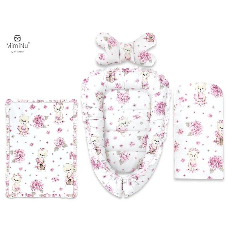 MimiNu - Set 4 in 1 Cosulet bebelus Baby Cocoon 90x50 cm, Cu volanase, Husa 100% bumbac, Cu paturica cu volanase 50x70 cm, Cu salteluta 60x32 cm, Cu perna fluture 40x27 cm, Design, Pink Ballerina