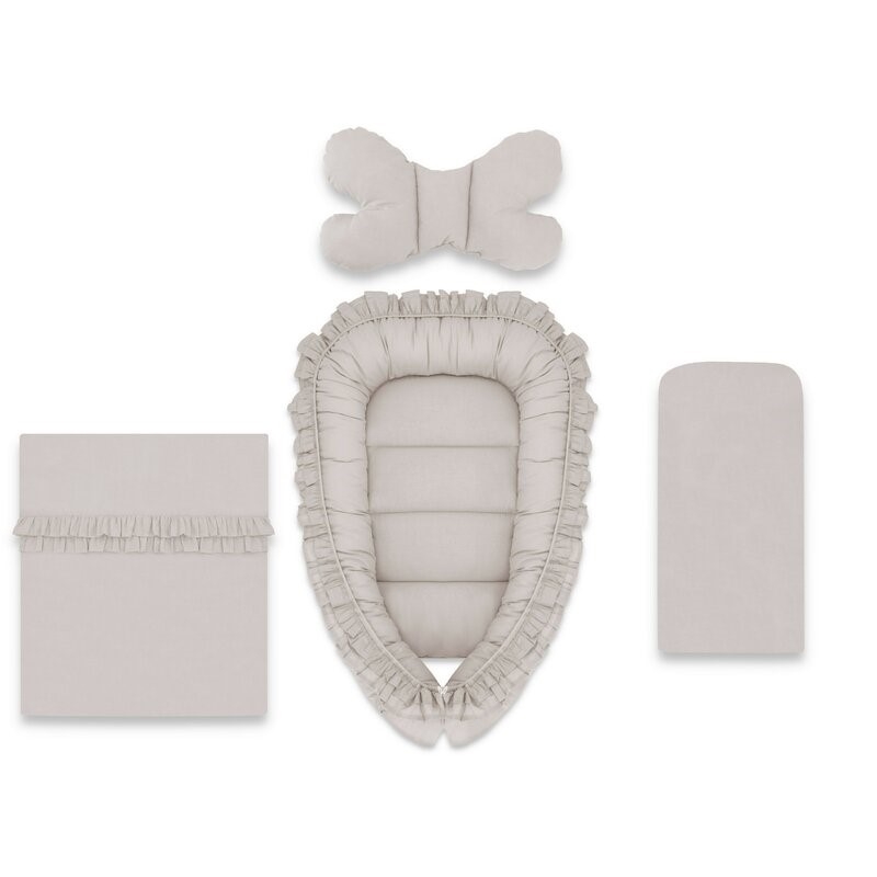 MimiNu - Set 4 in 1 Cosulet bebelus Baby Cocoon 90x50 cm, Cu volanase, Husa 100% bumbac, Cu paturica cu volanase 50x70 cm, Cu salteluta 60x32 cm, Cu perna fluture 40x27 cm, Colectia Royal, Beige