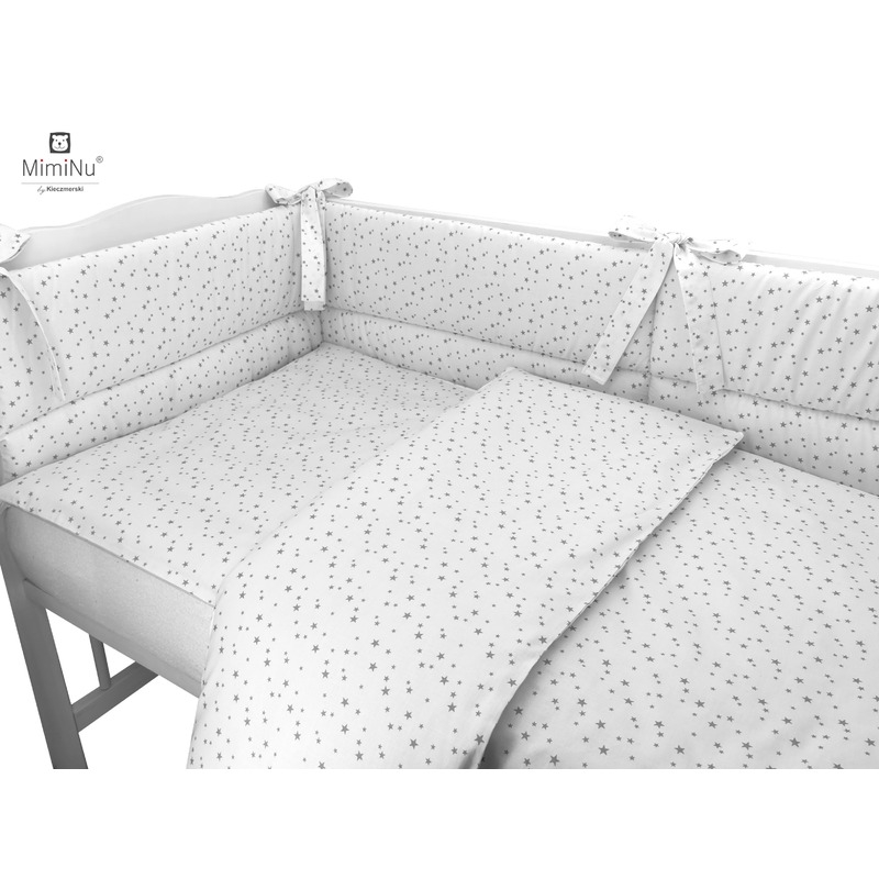 MimiNu - Set lenjerie patut 5 piese, Cu pilota si perna, Din bumbac certificat Oeko Tex Standard 100, Pentru patut 120x60 cm, Mini Gray Stars