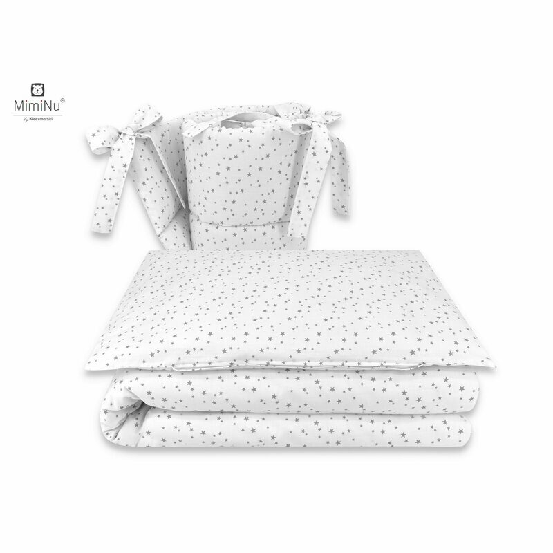 MimiNu - Set lenjerie patut 5 piese, Cu pilota si perna, Din bumbac certificat Oeko Tex Standard 100, Pentru patut 120x60 cm, Mini Gray Stars