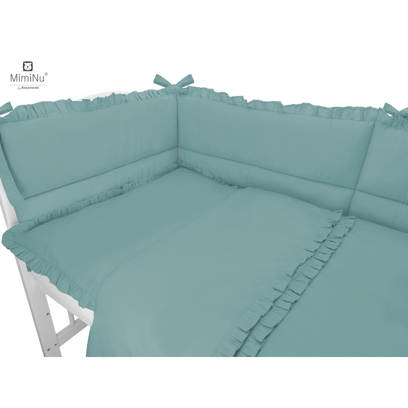 MimiNu - Set lenjerie patut 5 piese, Cu volanase, Cu pilota si perna, Din bumbac certificat Oeko Tex Standard 100, Pentru patut 120x60 cm, Colectia Royal, Nepal Green