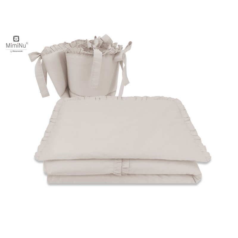 MimiNu - Set lenjerie patut 5 piese, Cu volanase, Cu pilota si perna, Din bumbac, Pentru patut 120x60 cm, Colectia Royal, Beige