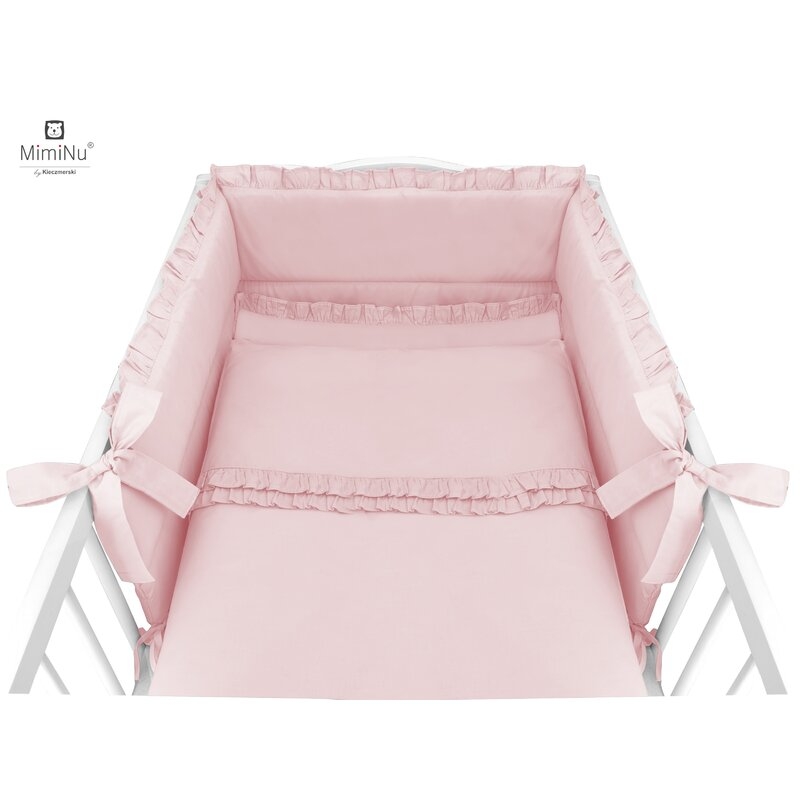 MimiNu - Set lenjerie patut 5 piese, Cu volanase, Cu pilota si perna, Din bumbac, Pentru patut 120x60 cm, Colectia Royal, Powder Pink