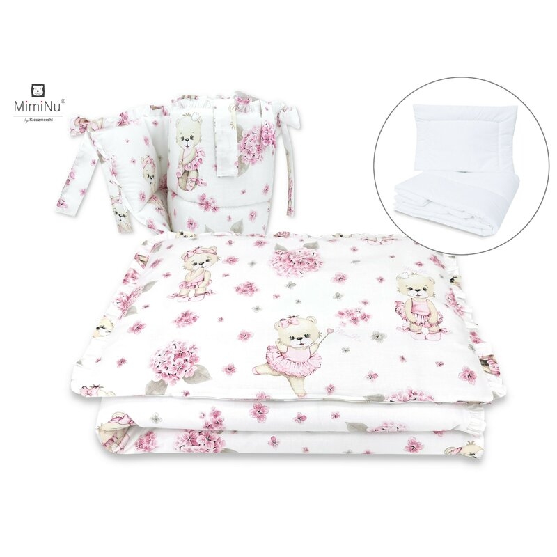 MimiNu - Set lenjerie patut 5 piese, Cu volanase, Cu pilota si perna, Din bumbac, Pentru patut 120x60 cm, Design, Pink Ballerina