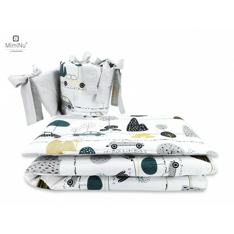 MimiNu - Set lenjerie patut cu 6 piese, Cu pilota si perna, Cu doua aparatori laterale, Din bumbac certificat Oeko Tex Standard 100, Pentru patut 120x60 cm, Childrens Journey Grey