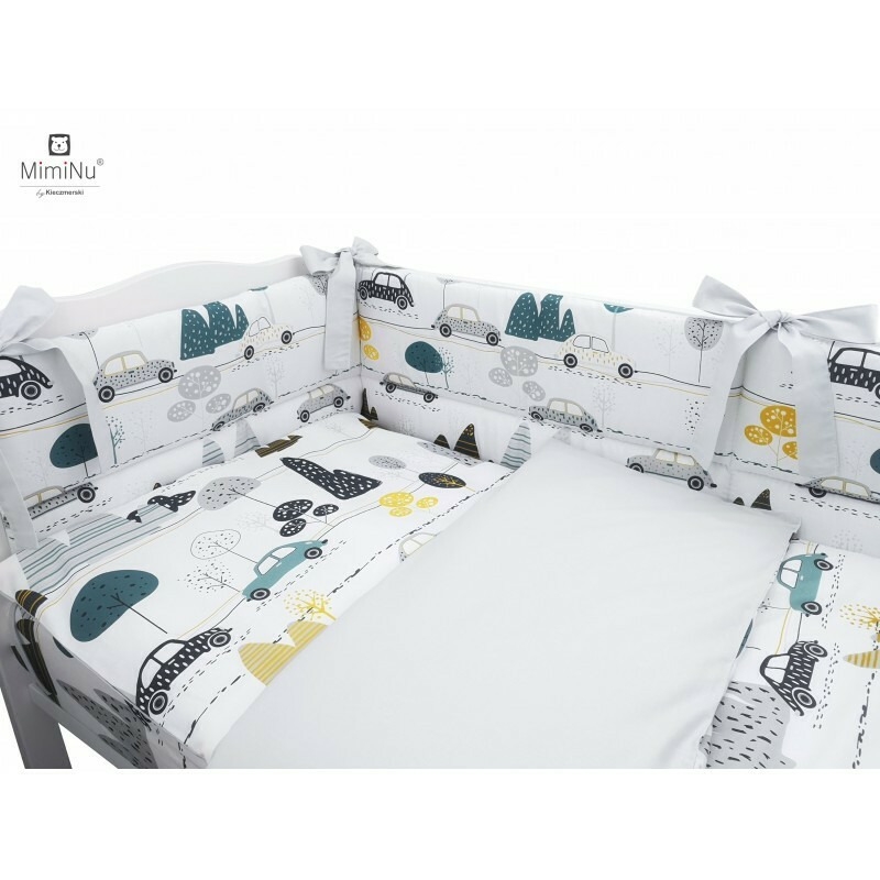MimiNu - Set lenjerie patut cu 6 piese, Cu pilota si perna, Cu doua aparatori laterale, Din bumbac certificat Oeko Tex Standard 100, Pentru patut 120x60 cm, Childrens Journey Grey