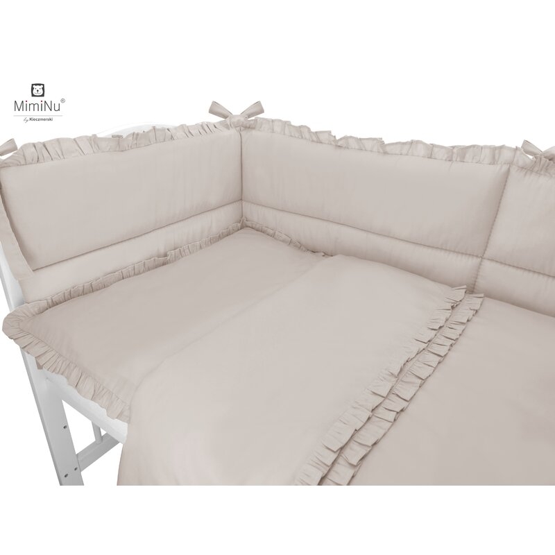 MimiNu - Set lenjerie patut cu 6 piese, Cu volanase, Cu pilota si perna, Cu doua aparatori laterale, Din bumbac, Pentru patut 120x60 cm, Colectia Royal, Beige
