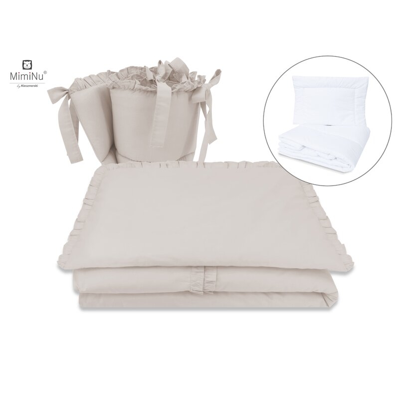 MimiNu - Set lenjerie patut cu 6 piese, Cu volanase, Cu pilota si perna, Cu doua aparatori laterale, Din bumbac, Pentru patut 120x60 cm, Colectia Royal, Beige