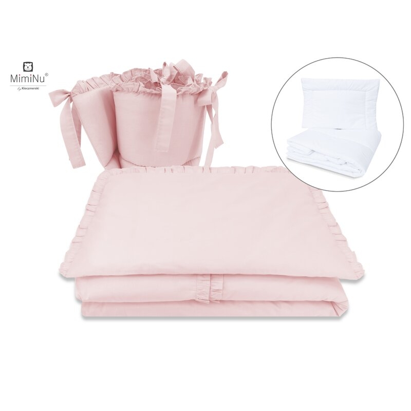 MimiNu - Set lenjerie patut cu 6 piese, Cu volanase, Cu pilota si perna, Cu doua aparatori laterale, Din bumbac, Pentru patut 120x60 cm, Colectia Royal, Powder Pink