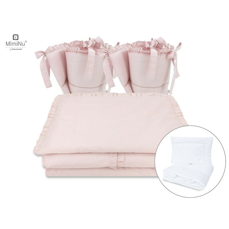 MimiNu - Set lenjerie patut cu 6 piese, Cu volanase, Cu pilota si perna, Cu doua aparatori laterale, Din bumbac, Pentru patut 120x60 cm, Colectia Royal, Powder Pink