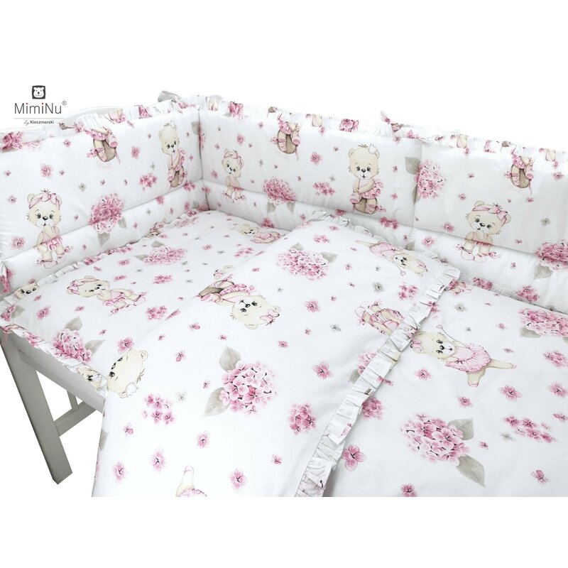 MimiNu - Set lenjerie patut cu 6 piese, Cu volanase, Cu pilota si perna, Cu doua aparatori laterale, Din bumbac, Pentru patut 120x60 cm, Design, Pink Ballerina