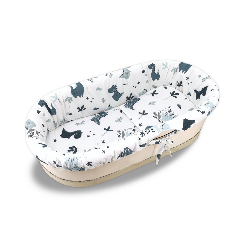 MimiNu - Set pentru landou/cosulet, Cu protectie, saltea si pernuta, Din bumbac certificat Oeko Tex Standard 100, Dino Granat