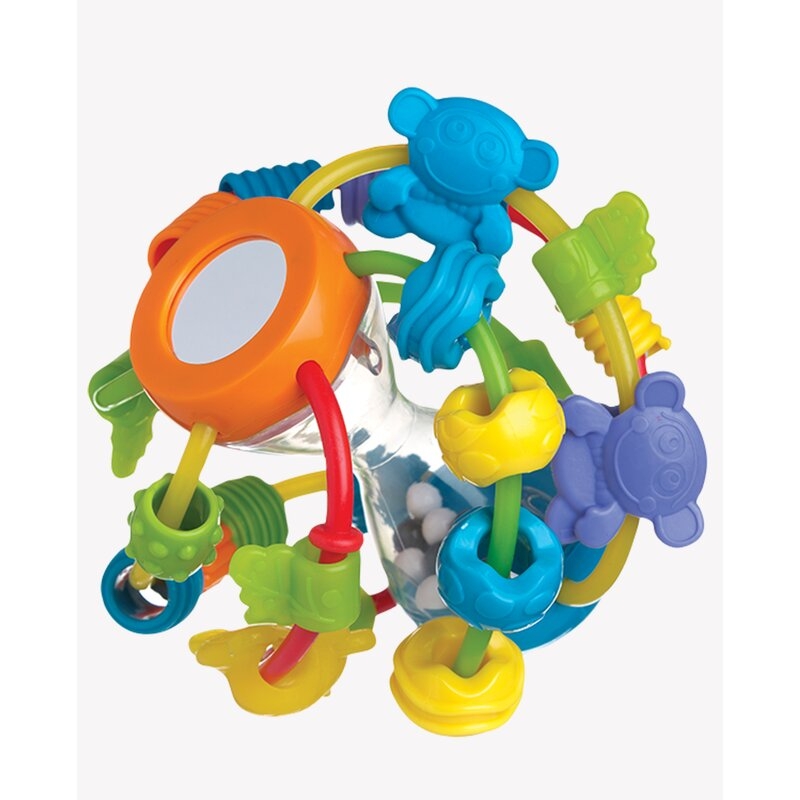Minge cu activitati pentru bebelusi, Cu margele de dentitie, Cu oglinda, Play And Learn Ball, 14 Cm, Playgro
