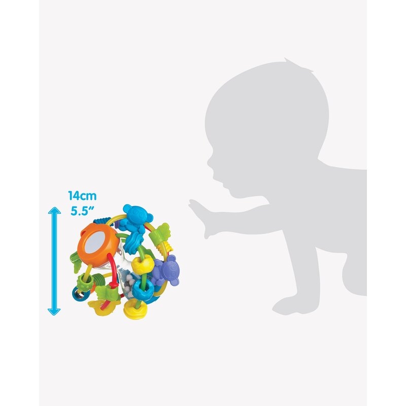 Minge cu activitati pentru bebelusi, Cu margele de dentitie, Cu oglinda, Play And Learn Ball, 14 Cm, Playgro