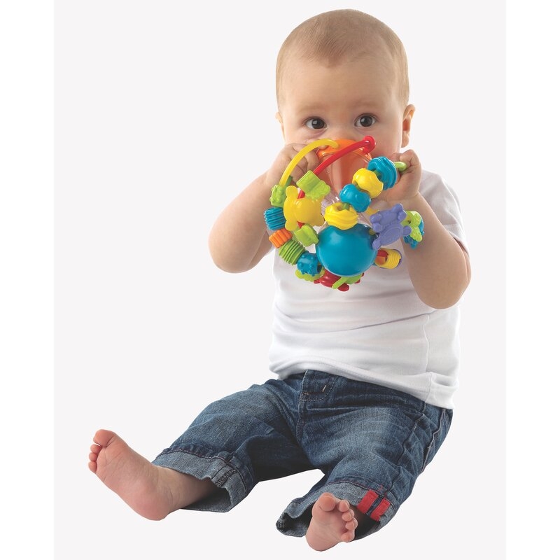 Minge cu activitati pentru bebelusi, Cu margele de dentitie, Cu oglinda, Play And Learn Ball, 14 Cm, Playgro
