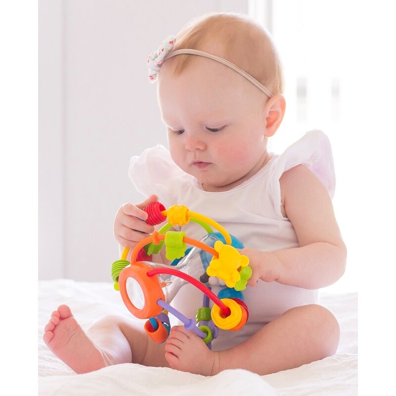 Minge cu activitati pentru bebelusi, Cu margele de dentitie, Cu oglinda, Play And Learn Ball, 14 Cm, Playgro