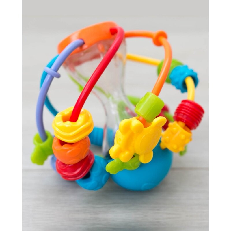 Minge cu activitati pentru bebelusi, Cu margele de dentitie, Cu oglinda, Play And Learn Ball, 14 Cm, Playgro