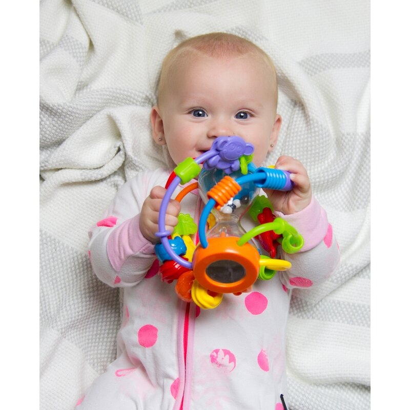 Minge cu activitati pentru bebelusi, Cu margele de dentitie, Cu oglinda, Play And Learn Ball, 14 Cm, Playgro