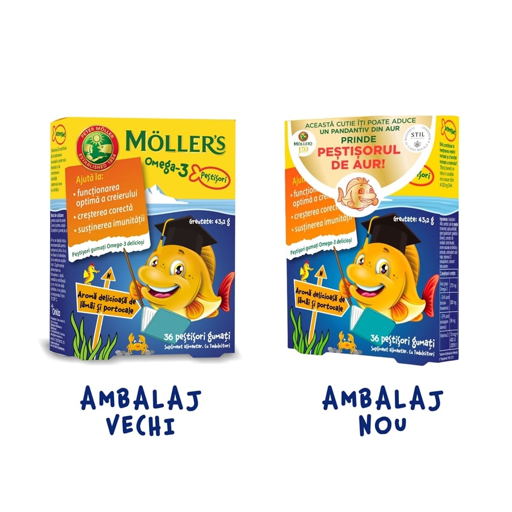 Pestisori gumati cu Omega-3 si aroma de lamaie si portocale, 36 jeleuri, Moller's Pestisori gumati cu Omega-3 si aroma de lamaie si portocale, 36 jeleuri, Moller's