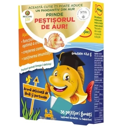 Pestisori gumati cu Omega-3 si aroma de lamaie si portocale, 36 jeleuri, Moller's Pestisori gumati cu Omega-3 si aroma de lamaie si portocale, 36 jeleuri, Moller's