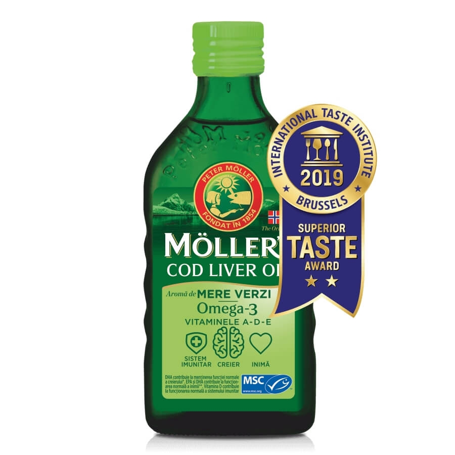 Omega 3 Ulei din ficat de cod cu aroma mere verzi, 250 ml, Moller's Omega 3 Ulei din ficat de cod cu aroma mere verzi, 250 ml, Moller's