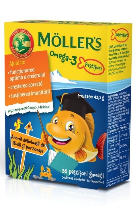 Pestisori gumati cu Omega-3 si aroma de lamaie si portocale, 36 jeleuri, Moller's Pestisori gumati cu Omega-3 si aroma de lamaie si portocale, 36 jeleuri, Moller's