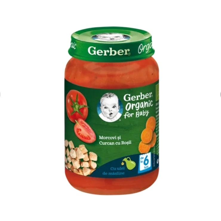 Piure Bio din morcovi cu rosii si curcan de la 6 luni, 190g, Gerber