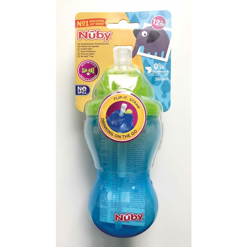 Nuby - Cana cu pai anti-alunecare, Cu inchidere etansa, Plastic, 360 ml, 12+ luni, Albastru