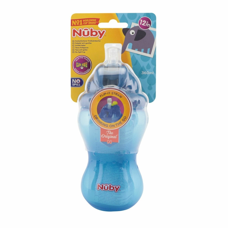 Nuby - Cana cu pai anti-alunecare, Cu inchidere etansa, Plastic, 360 ml, 12+ luni, Albastru inchis