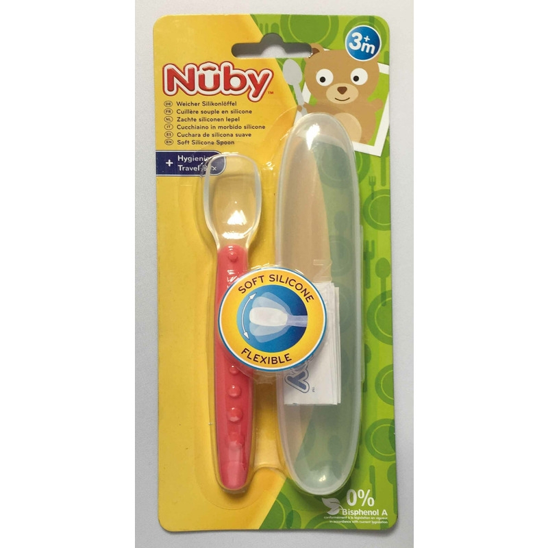 Nuby - Lingura din silicon pentru bebelusi, Cu maner arcuit, Cu carcasa de depozitare, 3+ luni, Rosu