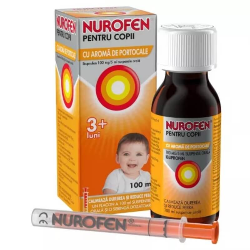 Nurofen sirop pentru copii 3+ luni cu aroma de portocale, 100 mg/5 ml, 100 ml, Reckitt Benckiser