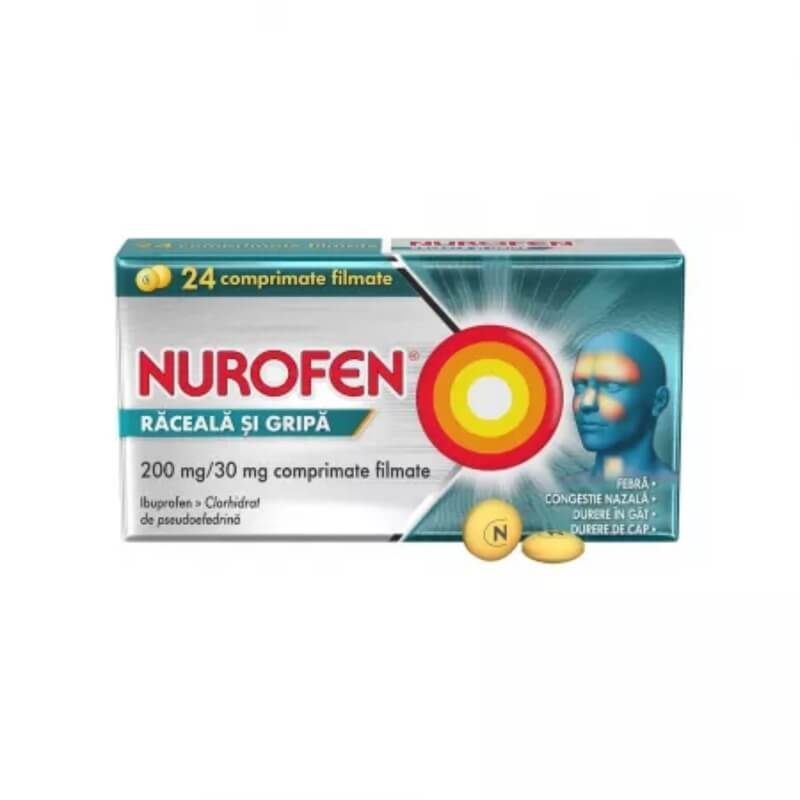 Nurofen raceala si gripa, 200 mg/30 mg, 24 comprimate filmate, Reckitt Benckiser