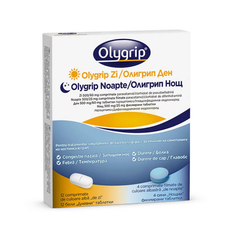 Olygrip Zi 500/60mg, 12 comprimate + Olygrip Noapte 500/25mg, 4 comprimate filmate, McNeil