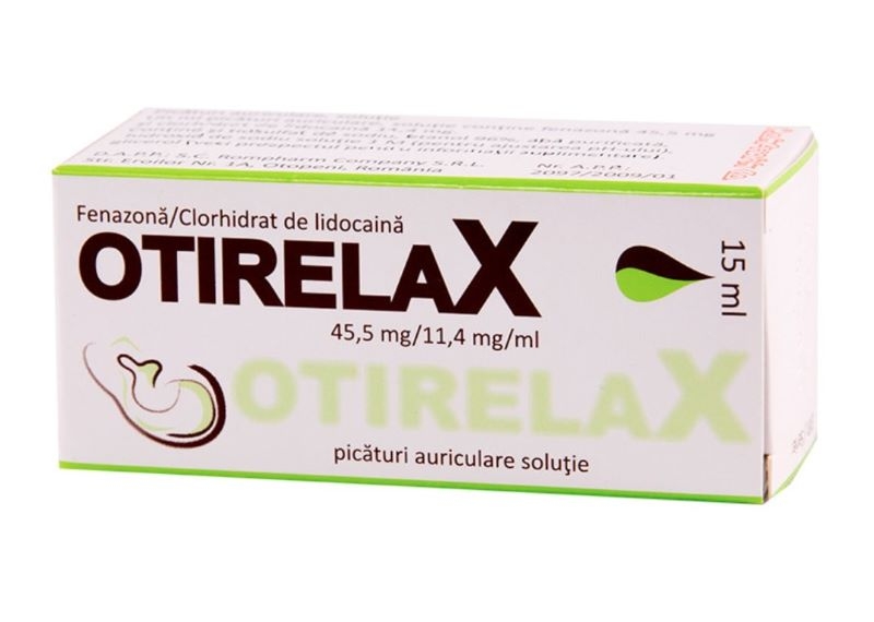 Otirelax picături auriculare, soluție, 45,5 mg/ml + 11,4 mg/ml, 15 ml, Rompharm
