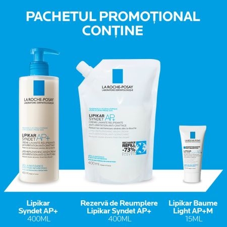 Pachet Lipikar Crema de spalare Syndet AP+, 400 ml, + Rezerva balsam Syndet AP+, 400 ml + Balsam Light AP+M, 15 ml, La Roche Posay