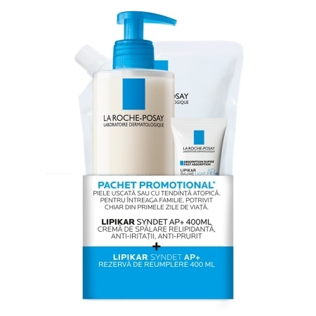 Pachet Lipikar Crema de spalare Syndet AP+, 400 ml, + Rezerva balsam Syndet AP+, 400 ml + Balsam Light AP+M, 15 ml, La Roche Posay